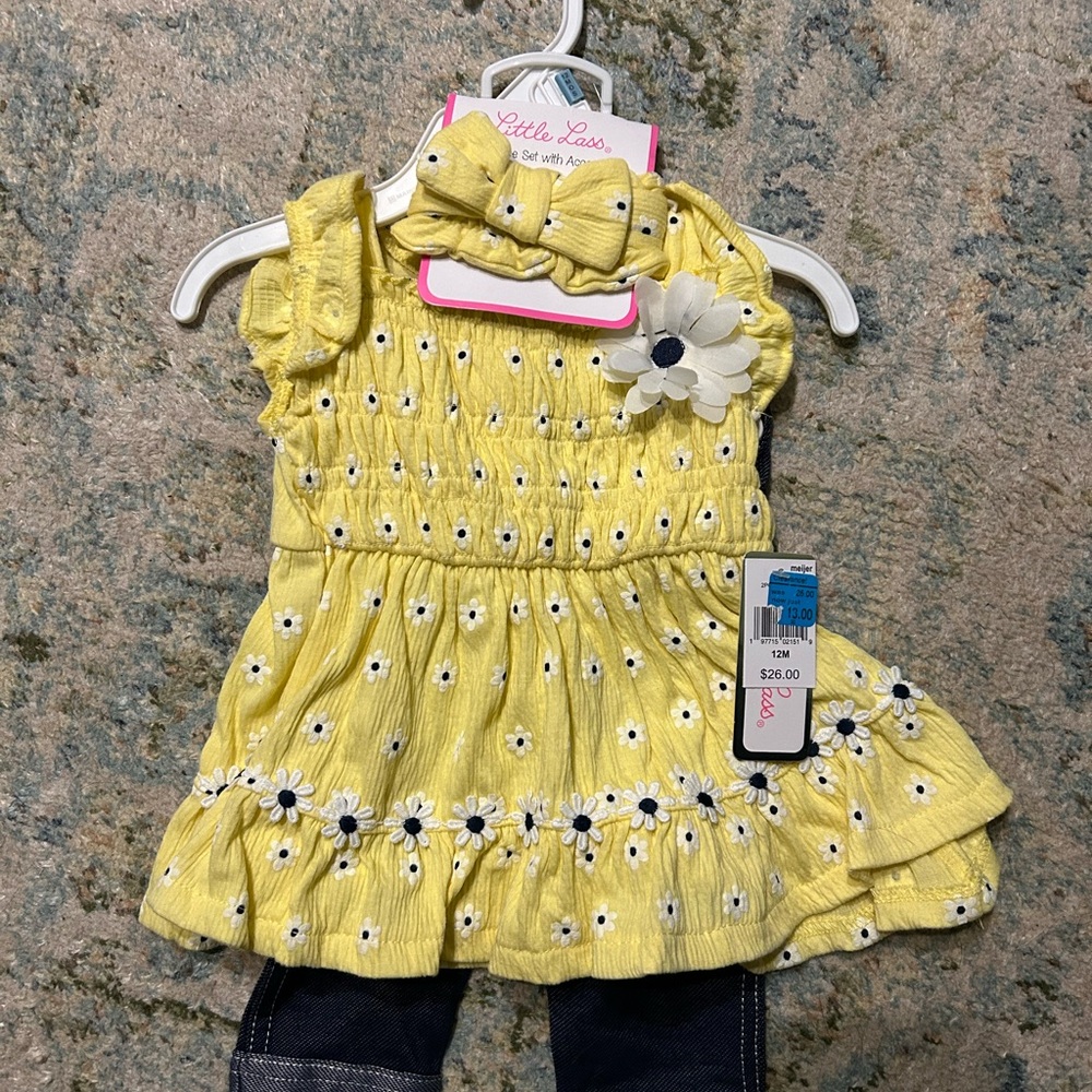 Little Lass Yellow Baby Top and Jeans with Floral Accents